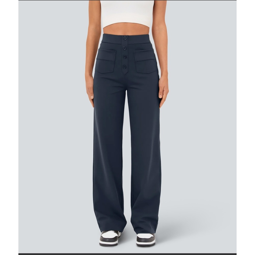 Halara High Waisted Button Front Wide Leg Pants Large Navy Blue Athleisure Work